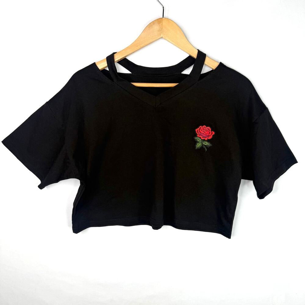 Shein Black Rose Cut Out Crop Top LG